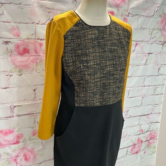 Trulli Anthropologie Women's Color Block Tweed Black/Mustard Sheath Dress Size 8 - Picture 4 of 12